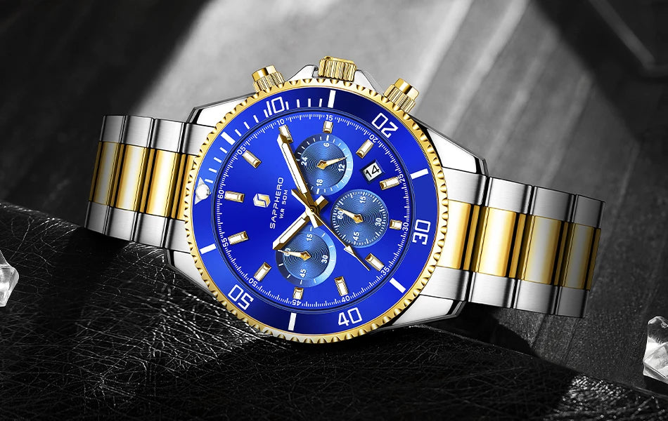 SAPPHERO Relógio Masculino Ouro Aço Inoxidável Calendário Cronógrafo Para Homens Relógios de Pulso de Aço Inoxidável Mostrador