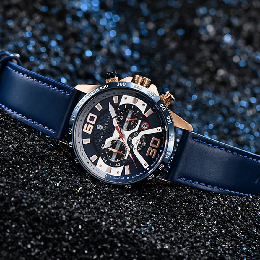 Sapphero relógio esportivo masculino, relógio de ouro rosa com pulseira de couro, data luminosa, à prova d'água, cronógrafo, relógio de quartzo, acessórios masculinos