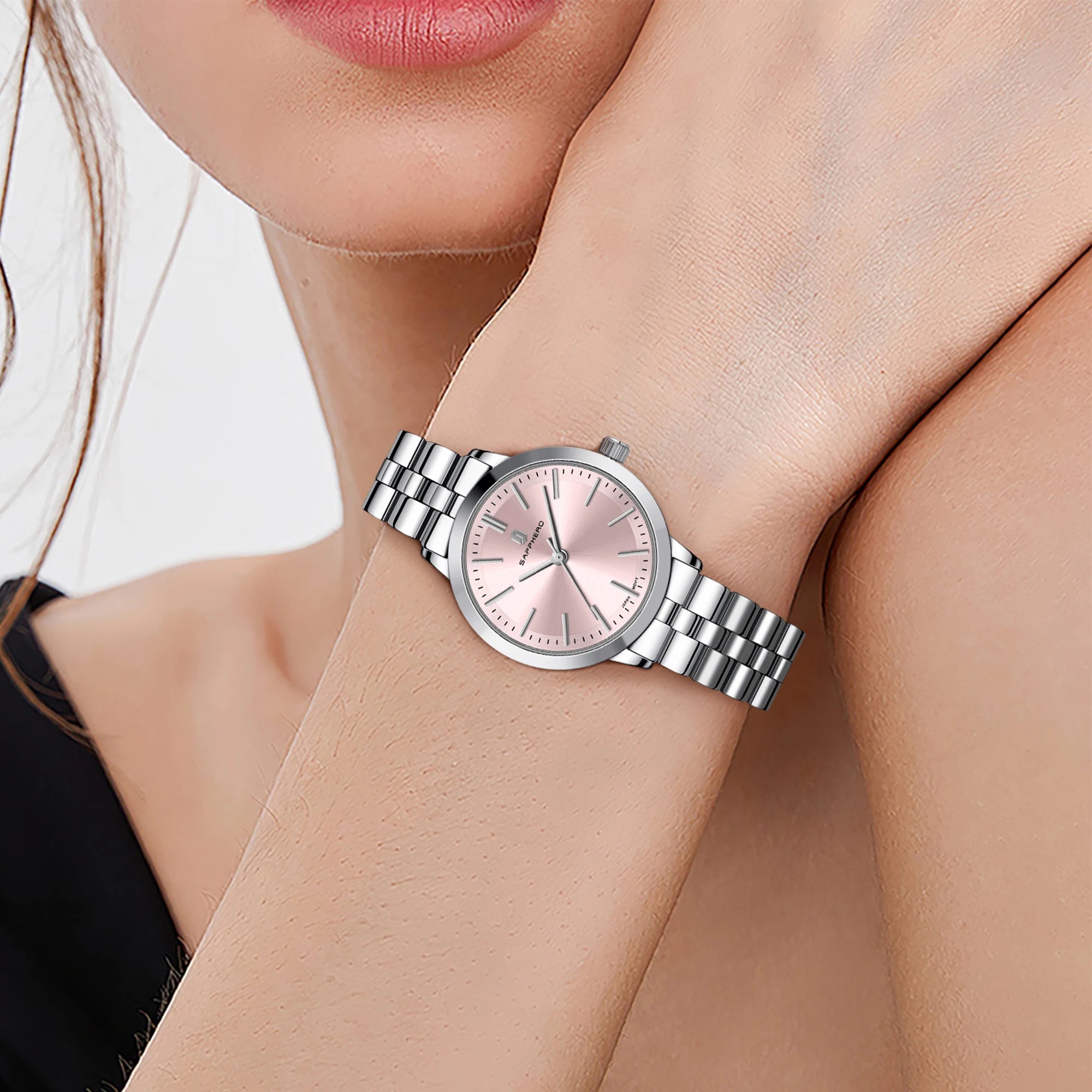 Sapphero elegante relógio feminino japão movimento à prova dwaterproof água relógio de presente do feriado relógio de pulso esportivo pulseira de aço inoxidável