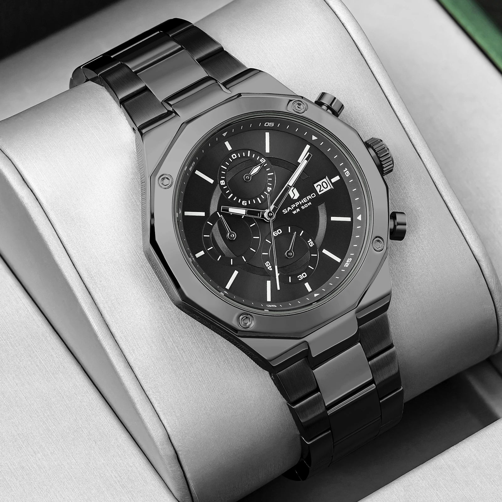 SAPPHERO Relógio masculino de ouro rosa, relógio de luxo da moda, aço inoxidável, 50m, resistência à água, presentes de ano novo