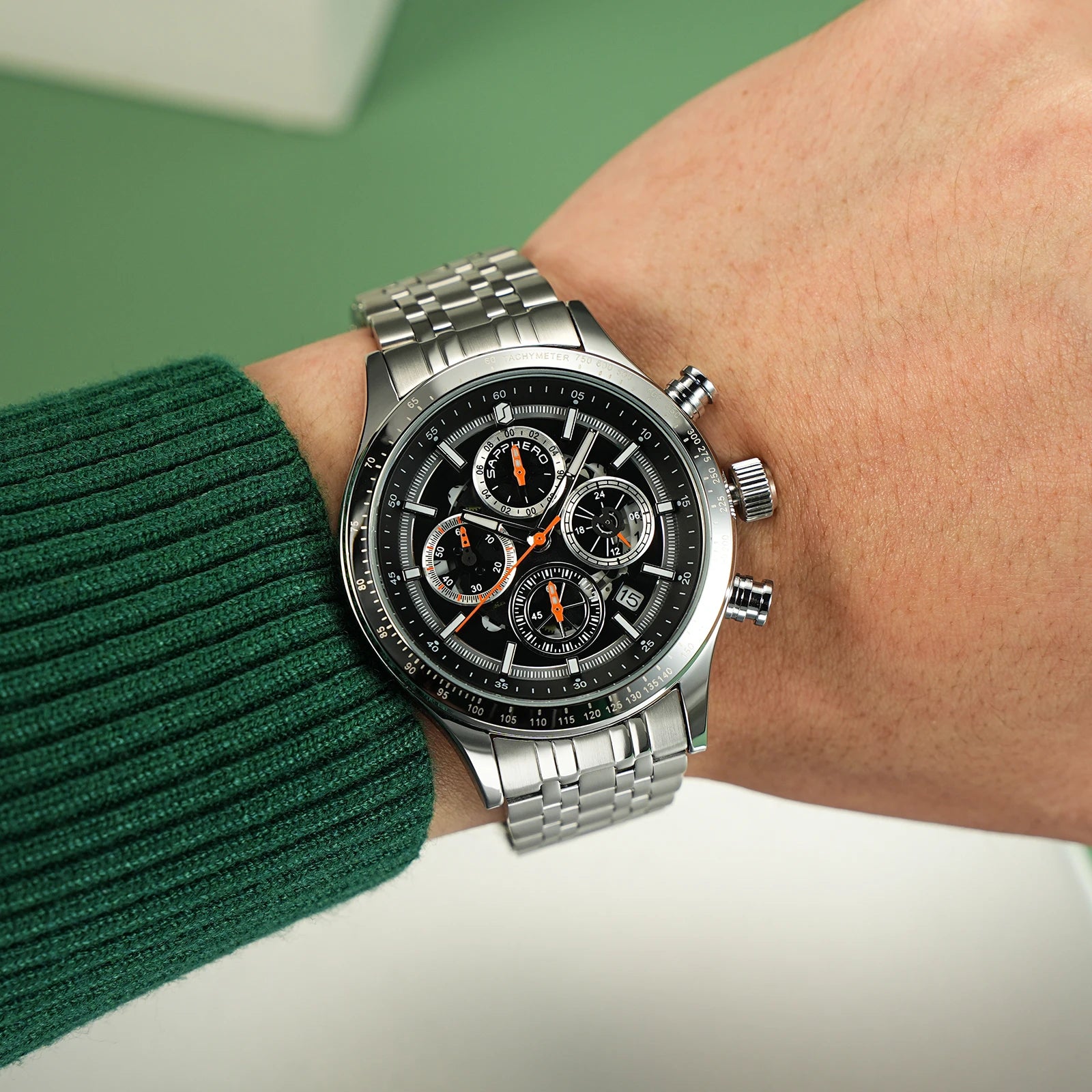 Sapphero moda masculina relógio de quartzo estilo mecânico 50m à prova dwaterproof água data cronógrafo relógio presente para homem