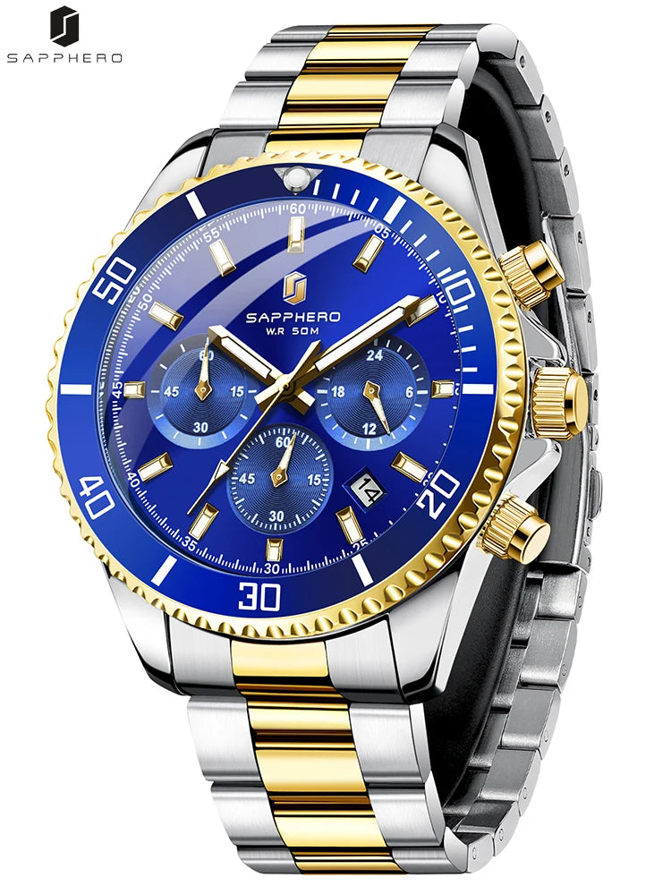 SAPPHERO Relógio Masculino Ouro Aço Inoxidável Calendário Cronógrafo Para Homens Relógios de Pulso de Aço Inoxidável Mostrador