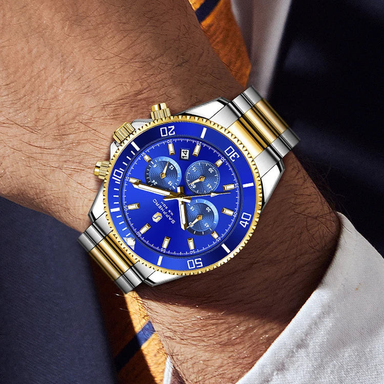 SAPPHERO Relógio Masculino Ouro Aço Inoxidável Calendário Cronógrafo Para Homens Relógios de Pulso de Aço Inoxidável Mostrador