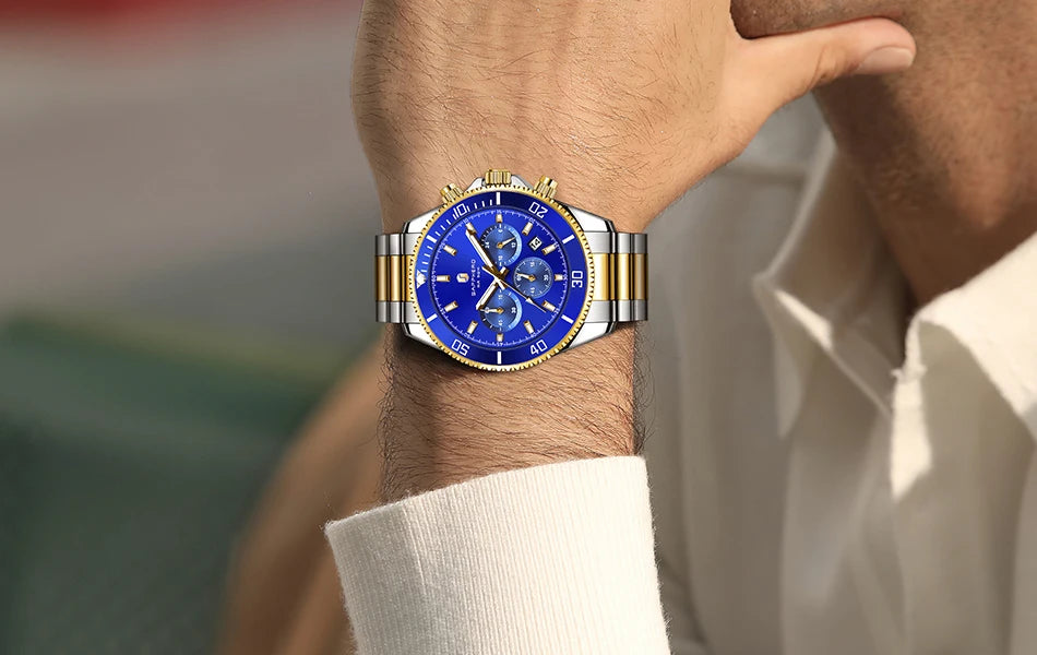 SAPPHERO Relógio Masculino Ouro Aço Inoxidável Calendário Cronógrafo Para Homens Relógios de Pulso de Aço Inoxidável Mostrador