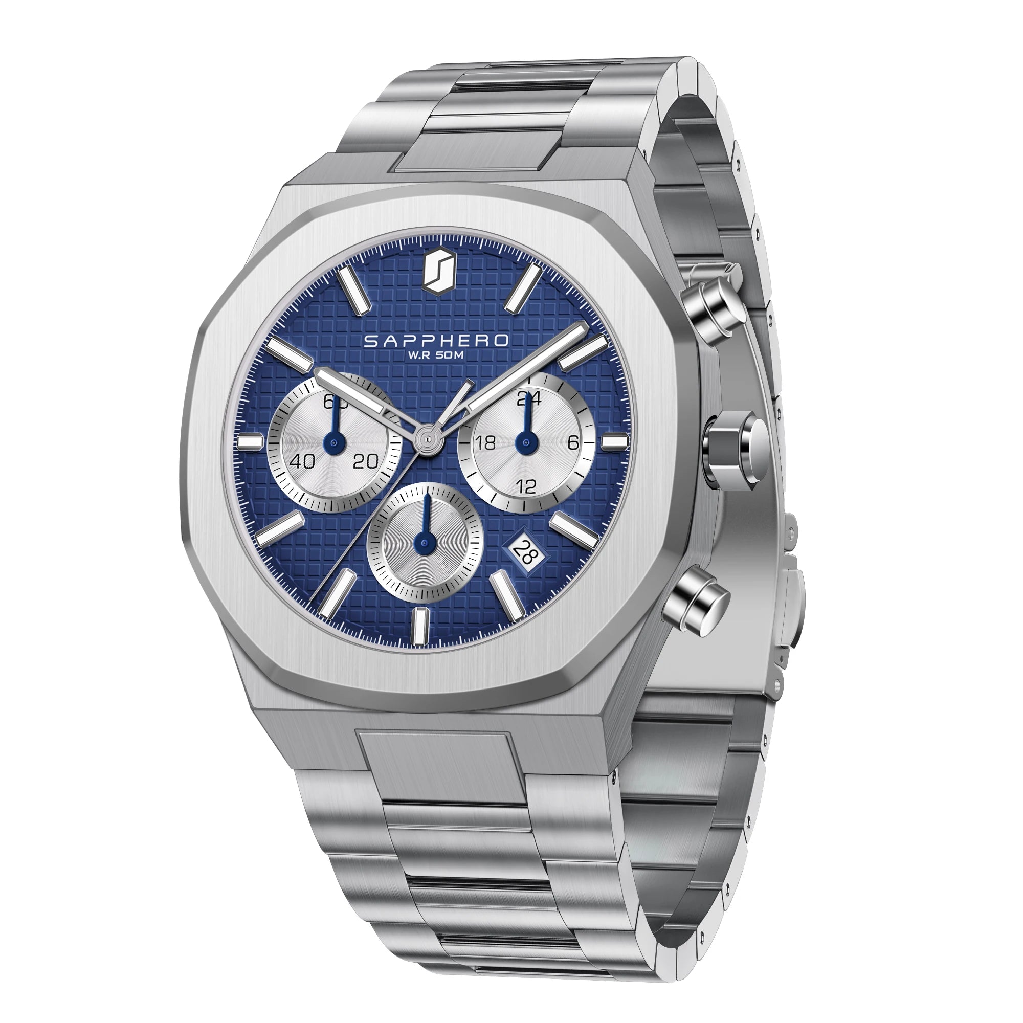Sapphero relógio masculino de aço inoxidável à prova dwaterproof água relógio masculino cronógrafo relógio de negócios melhor presente