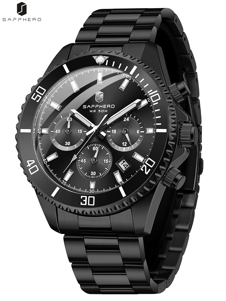 SAPPHERO Relógio Masculino Ouro Aço Inoxidável Calendário Cronógrafo Para Homens Relógios de Pulso de Aço Inoxidável Mostrador