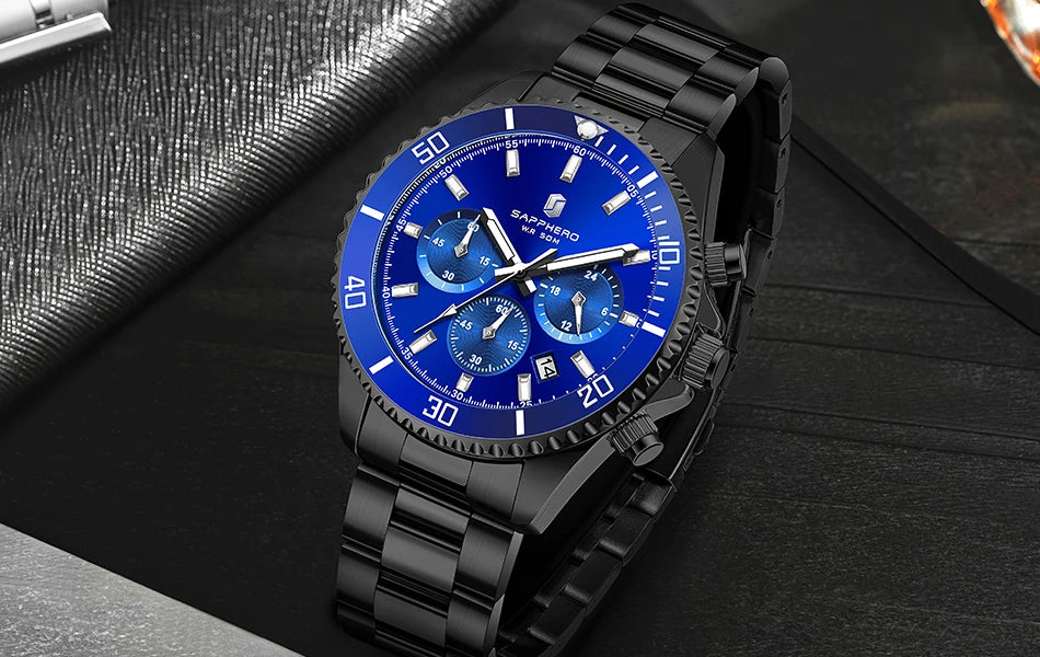 SAPPHERO Relógio Masculino Ouro Aço Inoxidável Calendário Cronógrafo Para Homens Relógios de Pulso de Aço Inoxidável Mostrador