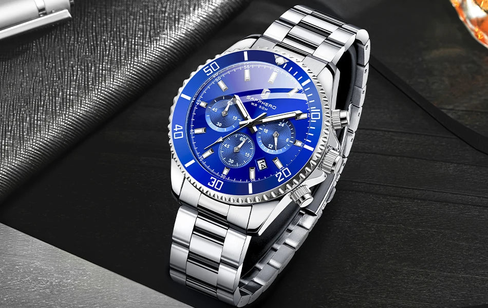 SAPPHERO Relógio Masculino Ouro Aço Inoxidável Calendário Cronógrafo Para Homens Relógios de Pulso de Aço Inoxidável Mostrador