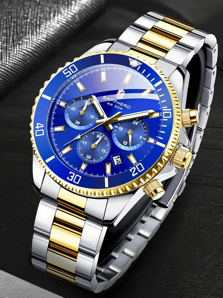 SAPPHERO Relógio Masculino Ouro Aço Inoxidável Calendário Cronógrafo Para Homens Relógios de Pulso de Aço Inoxidável Mostrador