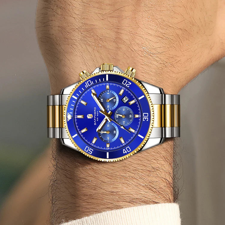 SAPPHERO Relógio Masculino Ouro Aço Inoxidável Calendário Cronógrafo Para Homens Relógios de Pulso de Aço Inoxidável Mostrador