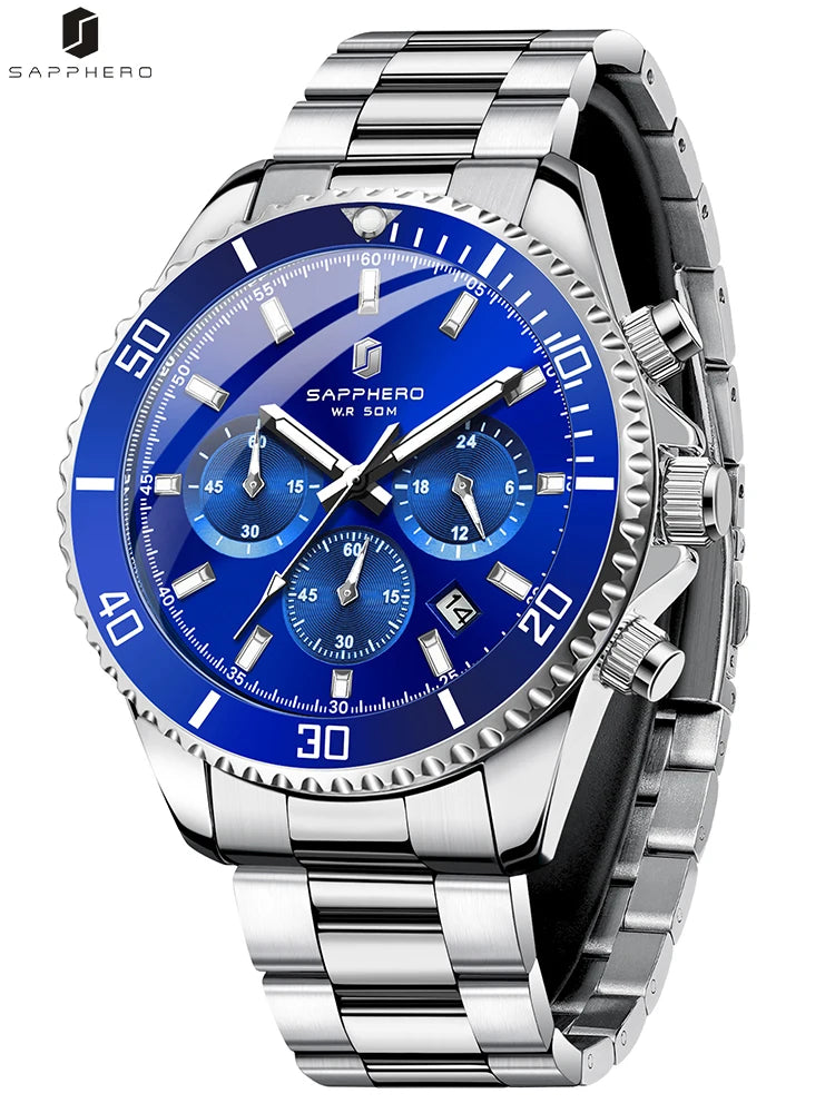 SAPPHERO Relógio Masculino Ouro Aço Inoxidável Calendário Cronógrafo Para Homens Relógios de Pulso de Aço Inoxidável Mostrador