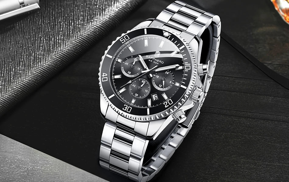 SAPPHERO Relógio Masculino Ouro Aço Inoxidável Calendário Cronógrafo Para Homens Relógios de Pulso de Aço Inoxidável Mostrador