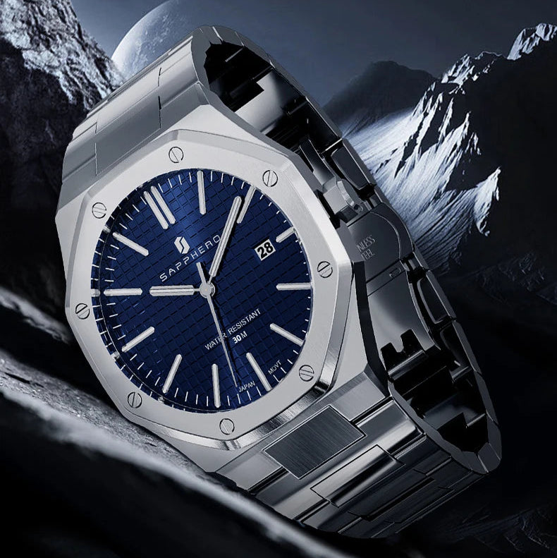 Relógio masculino SAPPHERO, pulseira de aço inoxidável, design resistente à água, calendário automático, presentes festivos, relógio de caixa de presente requintado