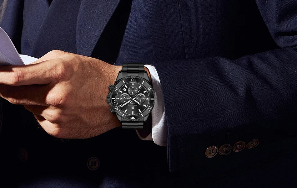 SAPPHERO Relógio Masculino Ouro Aço Inoxidável Calendário Cronógrafo Para Homens Relógios de Pulso de Aço Inoxidável Mostrador