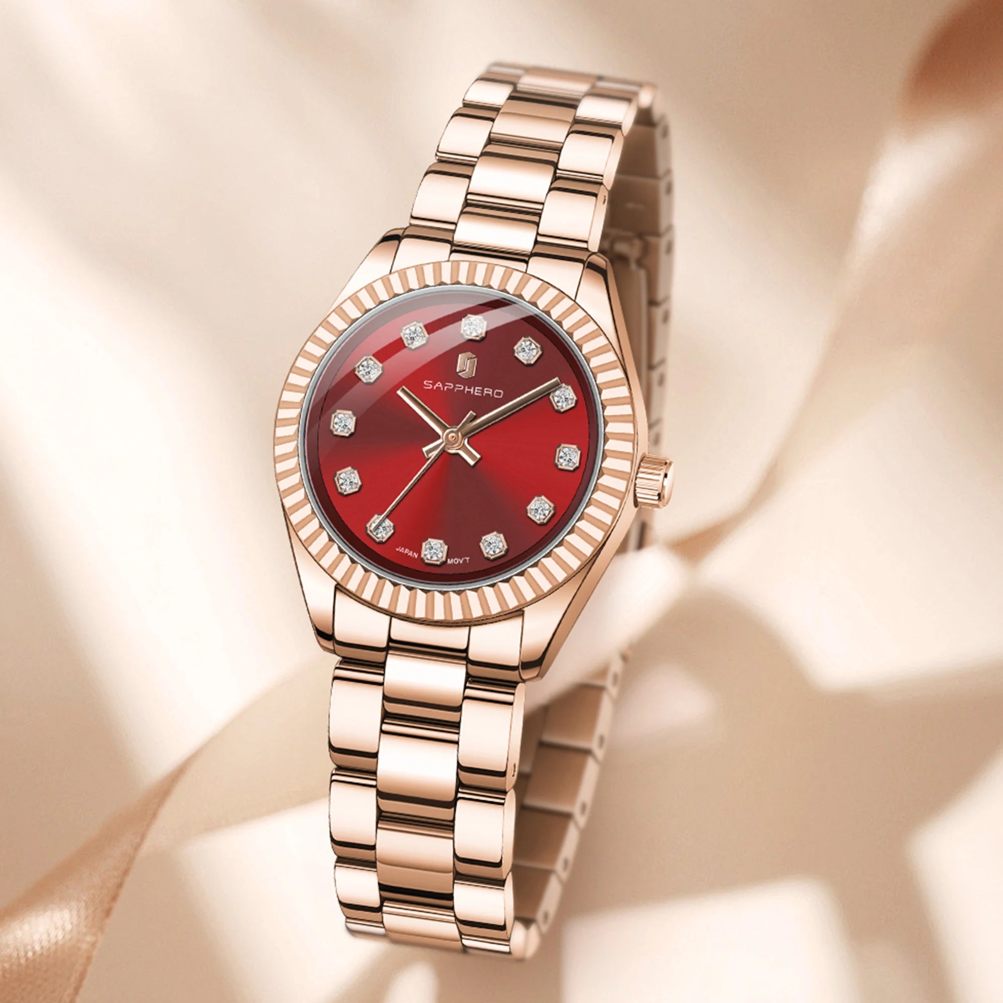 Sapphero elegante relógio de quartzo feminino movimento japão 5atm à prova dwaterproof água luxo rosa ouro relógio feminino luz luxo relógio feminino