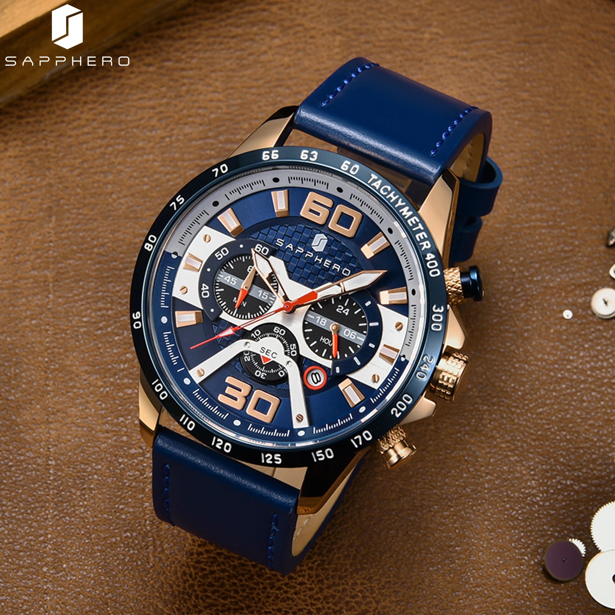 Sapphero relógio esportivo masculino, relógio de ouro rosa com pulseira de couro, data luminosa, à prova d'água, cronógrafo, relógio de quartzo, acessórios masculinos