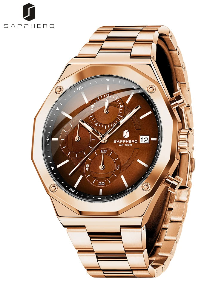 SAPPHERO Relógio masculino de ouro rosa, relógio de luxo da moda, aço inoxidável, 50m, resistência à água, presentes de ano novo