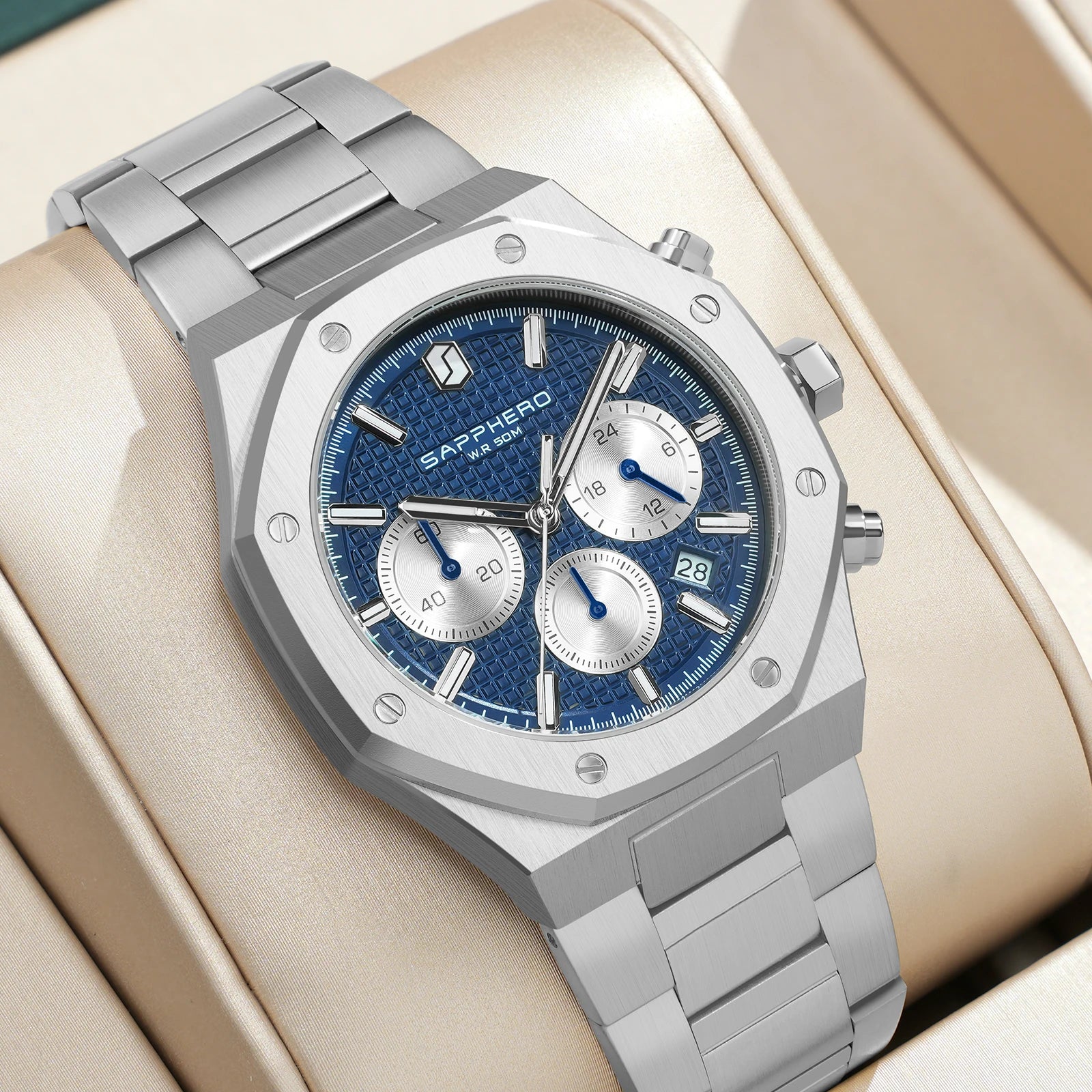 Sapphero relógio masculino à prova dwaterproof água função cronógrafo data brilhante mãos relógio de aço inoxidável relógio de negócios para presente masculino