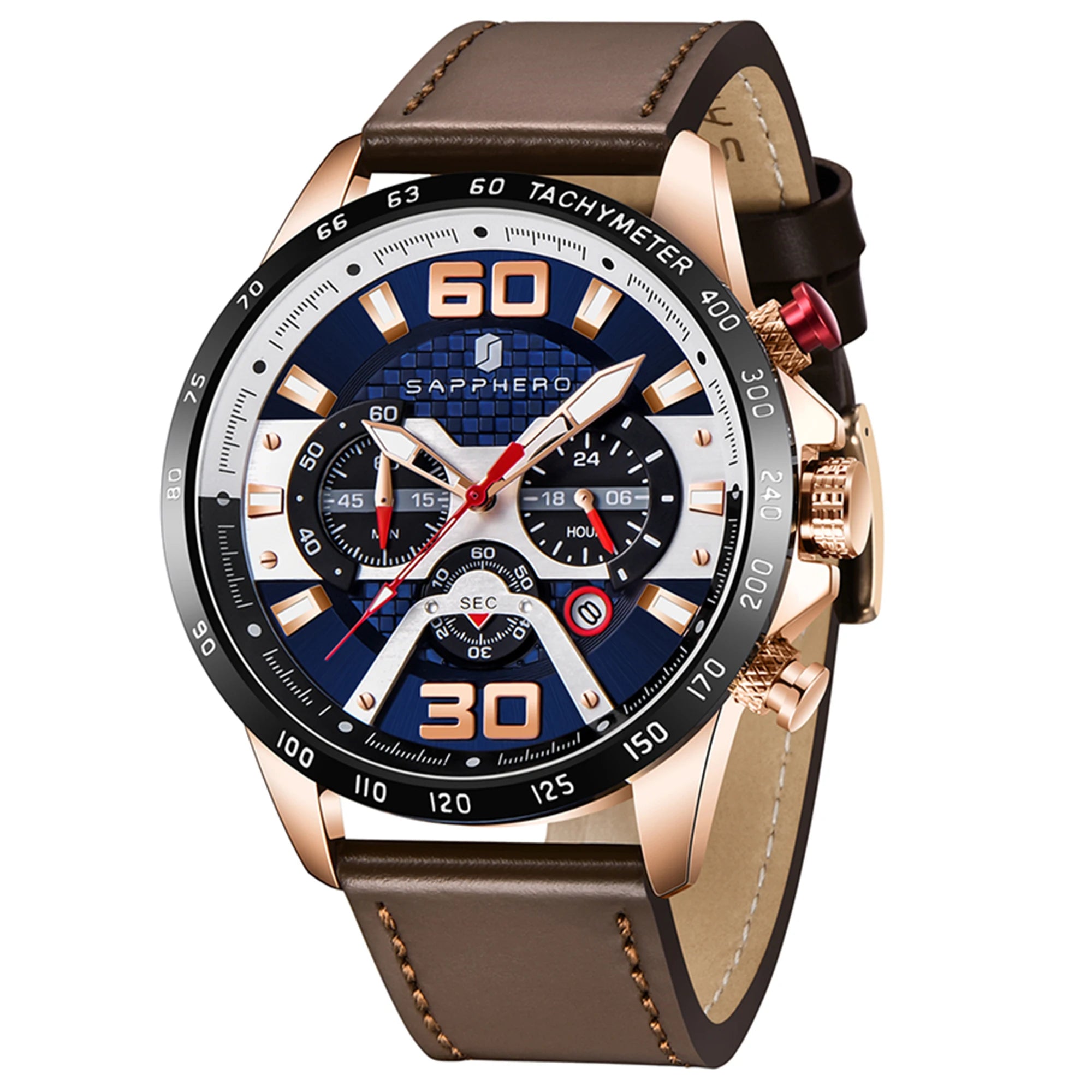 Sapphero relógio esportivo masculino, relógio de ouro rosa com pulseira de couro, data luminosa, à prova d'água, cronógrafo, relógio de quartzo, acessórios masculinos