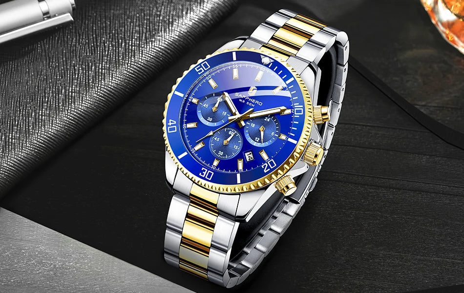 SAPPHERO Relógio Masculino Ouro Aço Inoxidável Calendário Cronógrafo Para Homens Relógios de Pulso de Aço Inoxidável Mostrador