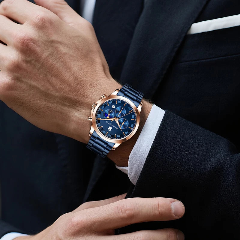 SAPPHERO Relógios de negócios masculinos pulseira de aço inoxidável exibição de data e função cronógrafo relógio masculino à prova d'água relógio de ouro rosa