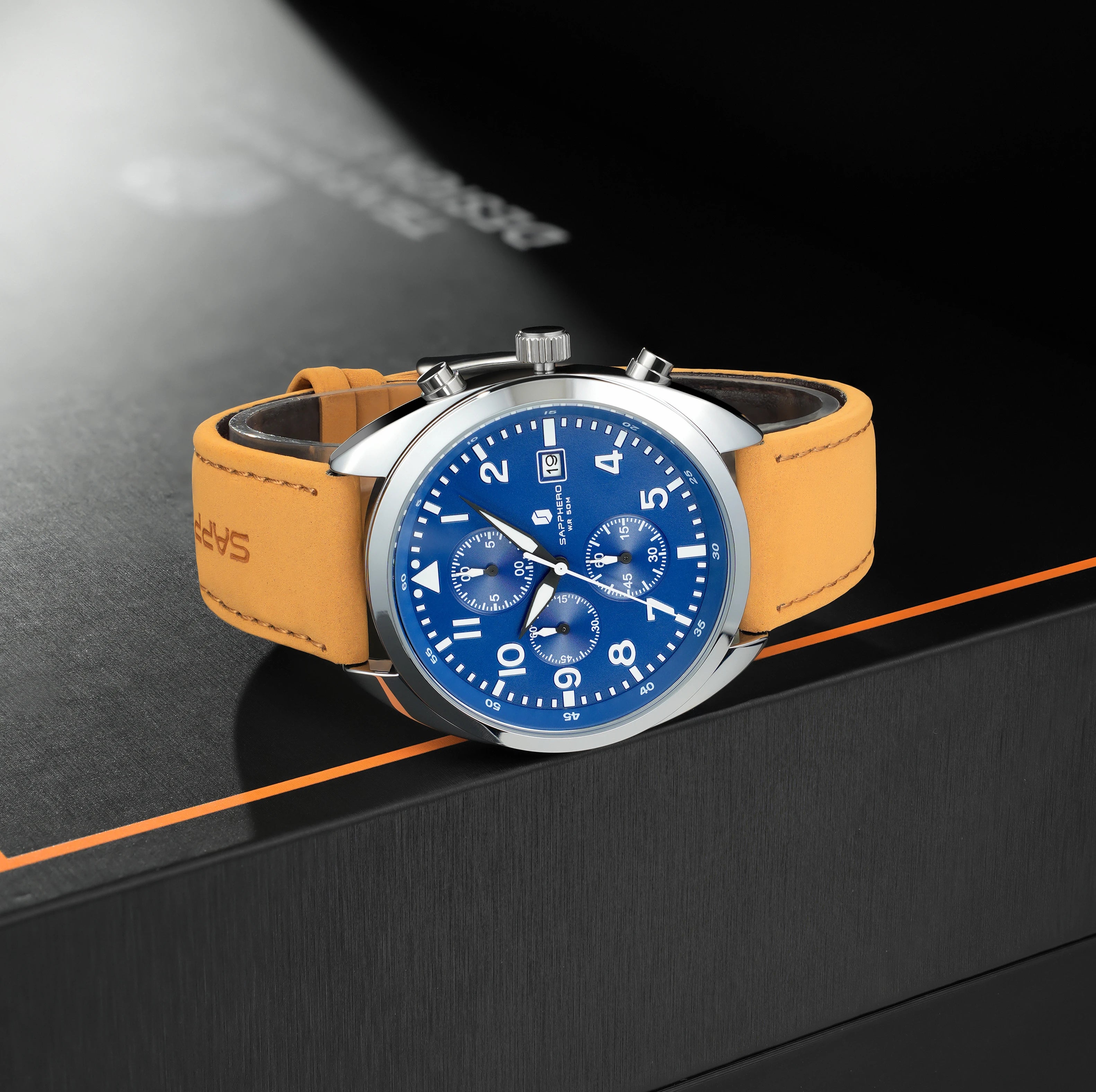 Relógio masculino de negócios safira, pulseira de couro confortável, resistente à água, com mãos iluminadas, cronógrafo para homens
