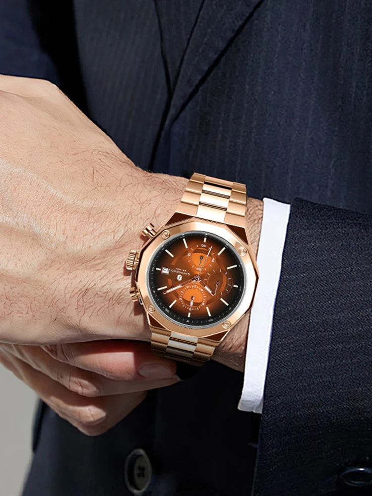 SAPPHERO Relógio masculino de ouro rosa, relógio de luxo da moda, aço inoxidável, 50m, resistência à água, presentes de ano novo