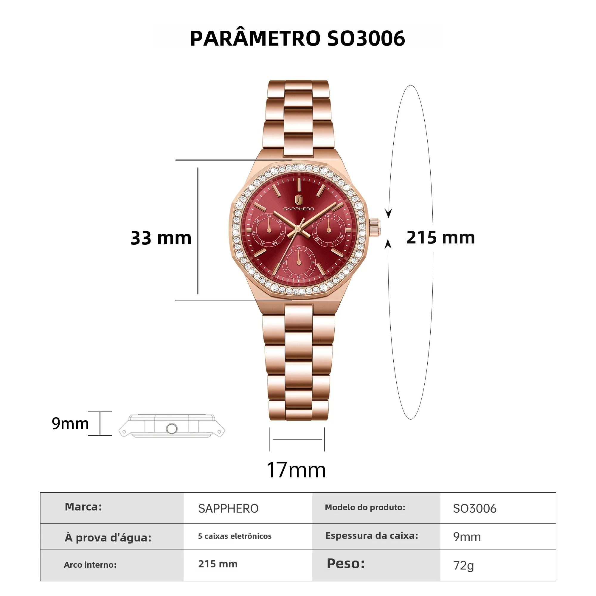 Sapphero luxo moda rosa ouro relógio elegante versátil relógio feminino japão movimento pulseira de aço inoxidável presente do feriado