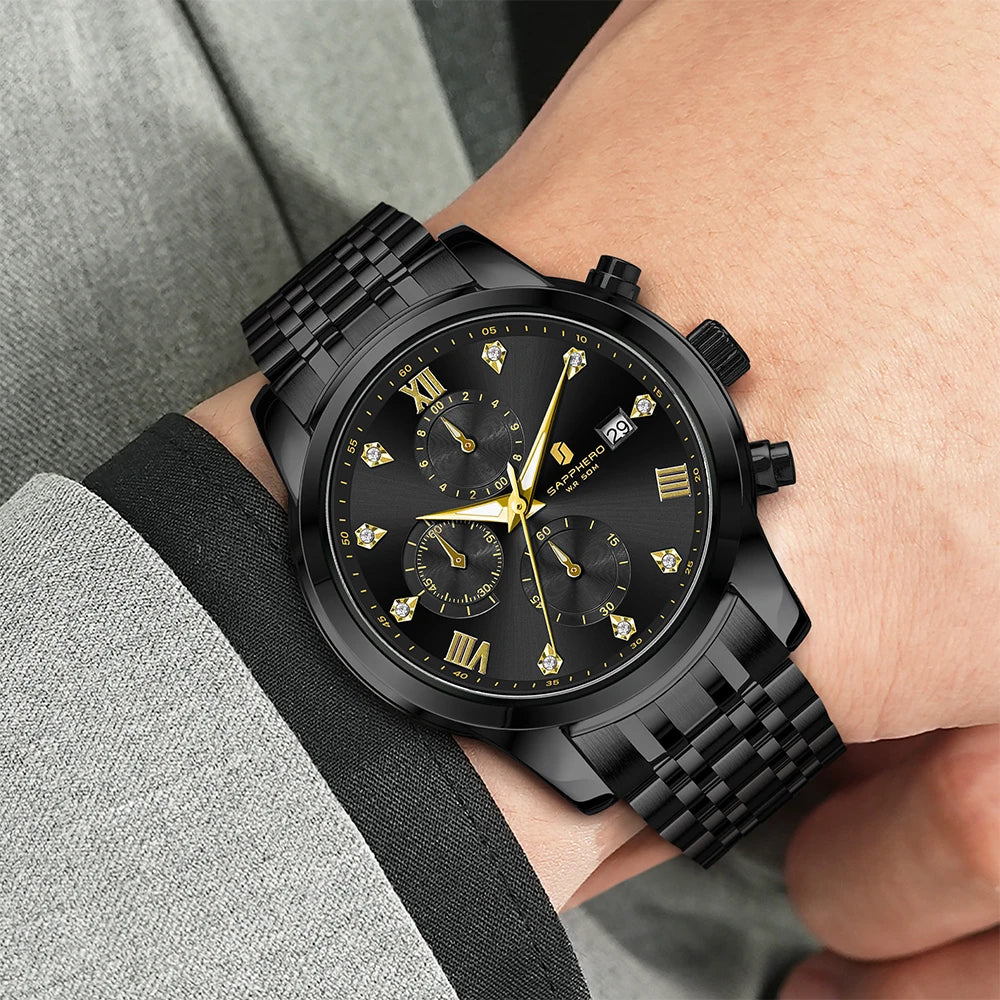 SAPPHERO Novo relógio masculino de luxo relógio com mostrador de diamante relógio masculino de aço inoxidável com cronometragem de precisão relógio de presente masculino
