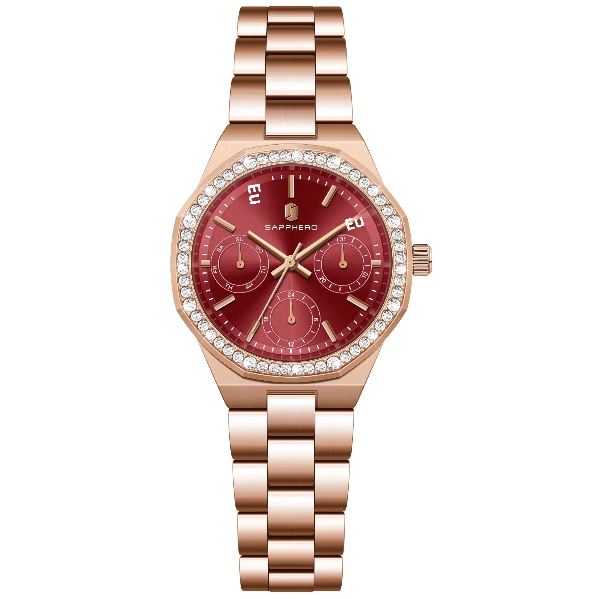 Sapphero luxo moda rosa ouro relógio elegante versátil relógio feminino japão movimento pulseira de aço inoxidável presente do feriado