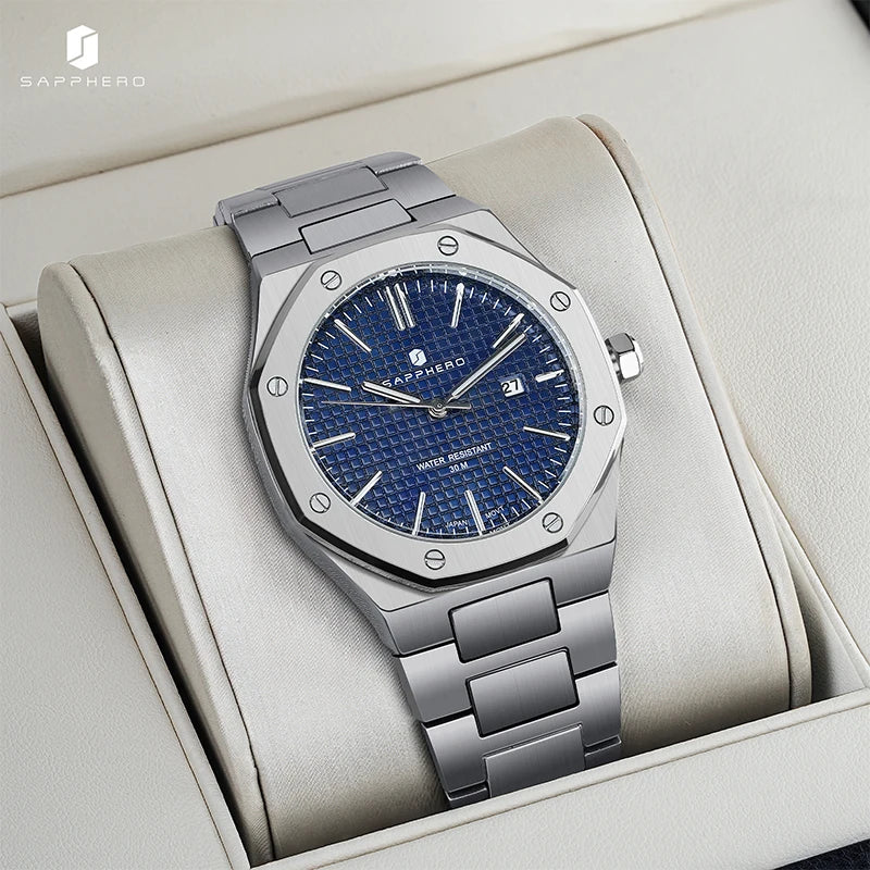 Relógio masculino SAPPHERO, pulseira de aço inoxidável, design resistente à água, calendário automático, presentes festivos, relógio de caixa de presente requintado