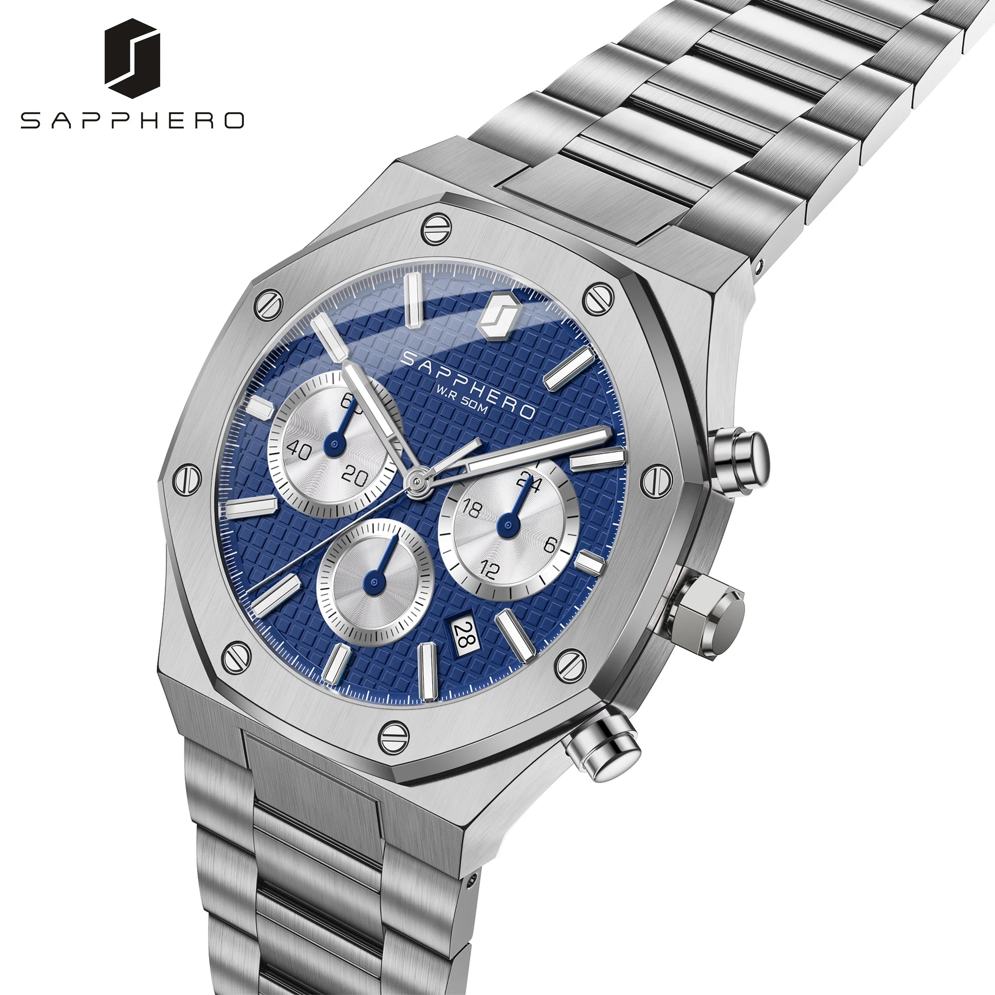 Sapphero relógio masculino à prova dwaterproof água função cronógrafo data brilhante mãos relógio de aço inoxidável relógio de negócios para presente masculino