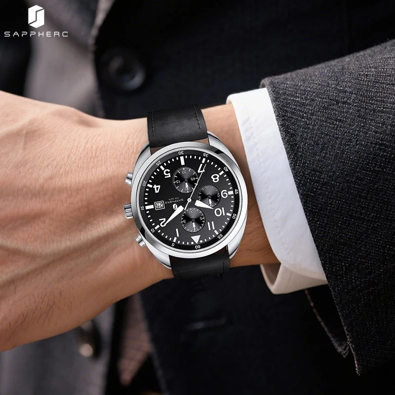 Relógio masculino de negócios safira, pulseira de couro confortável, resistente à água, com mãos iluminadas, cronógrafo para homens