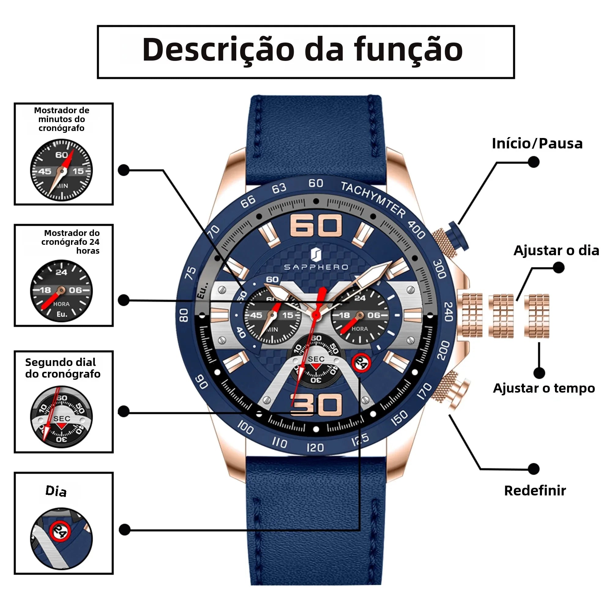 Sapphero relógio esportivo masculino, relógio de ouro rosa com pulseira de couro, data luminosa, à prova d'água, cronógrafo, relógio de quartzo, acessórios masculinos