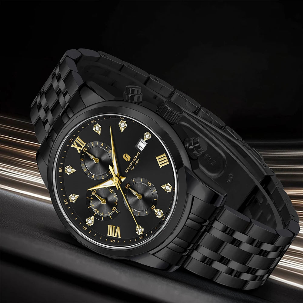 SAPPHERO Novo relógio masculino de luxo relógio com mostrador de diamante relógio masculino de aço inoxidável com cronometragem de precisão relógio de presente masculino