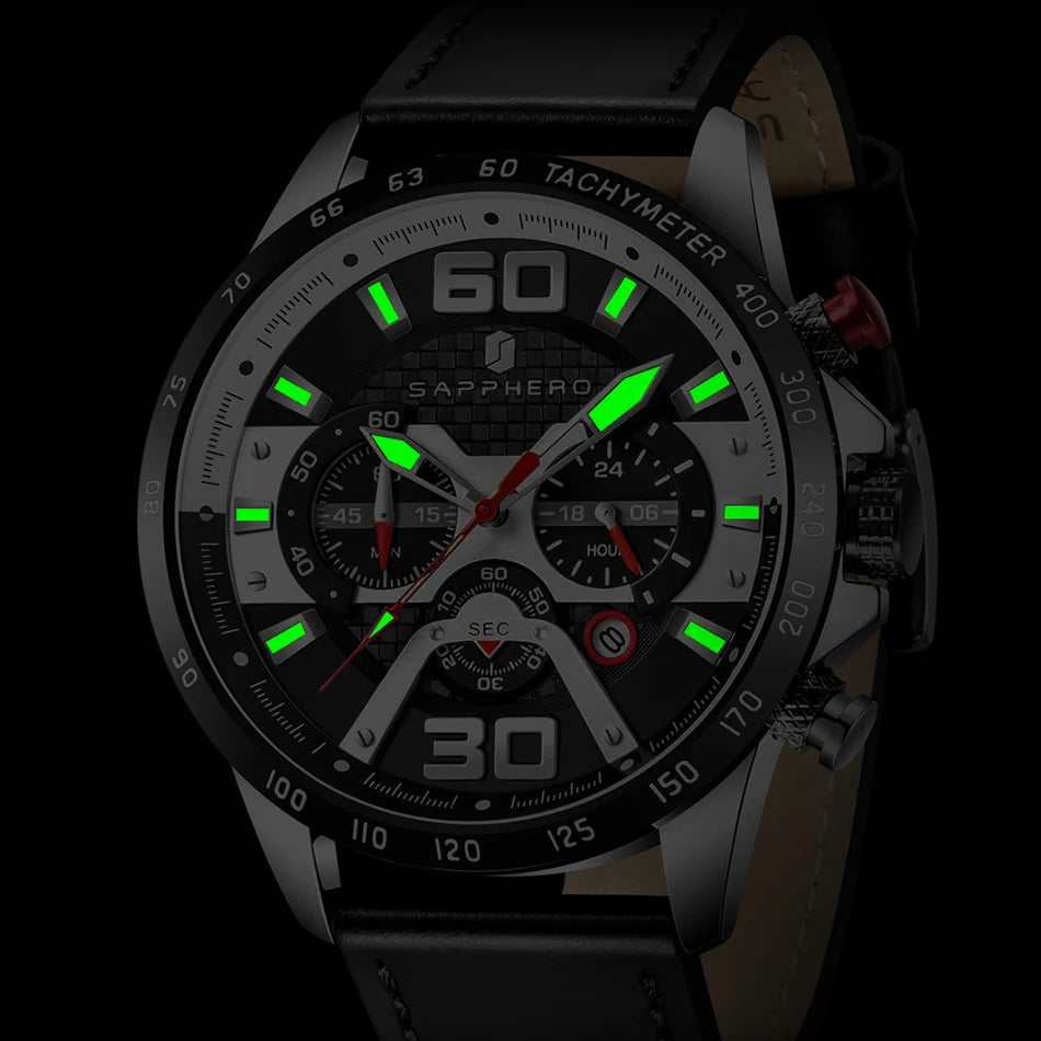 Sapphero relógio esportivo masculino, relógio de ouro rosa com pulseira de couro, data luminosa, à prova d'água, cronógrafo, relógio de quartzo, acessórios masculinos