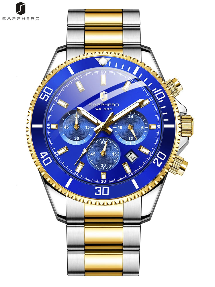 SAPPHERO Relógio Masculino Ouro Aço Inoxidável Calendário Cronógrafo Para Homens Relógios de Pulso de Aço Inoxidável Mostrador