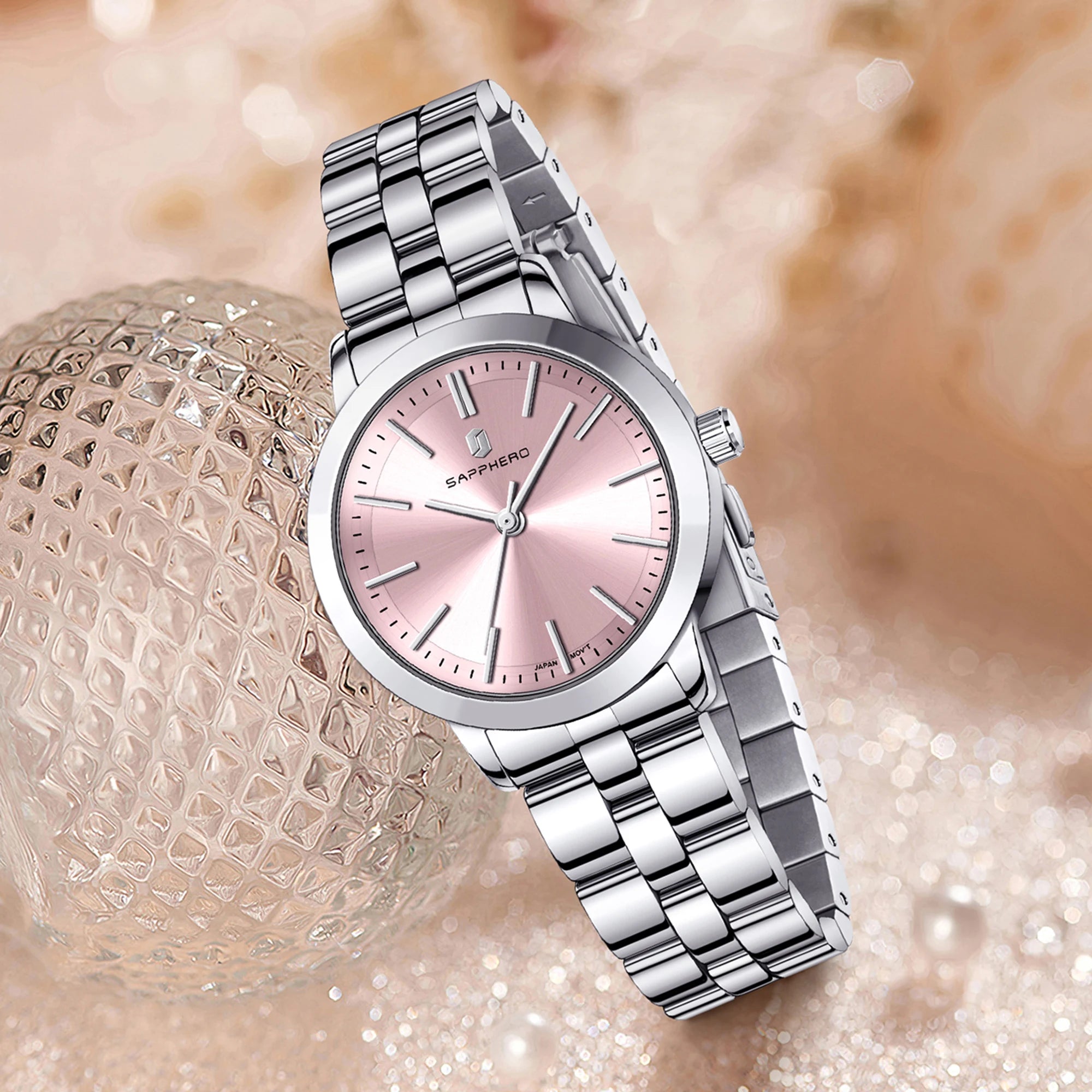 Sapphero elegante relógio feminino japão movimento à prova dwaterproof água relógio de presente do feriado relógio de pulso esportivo pulseira de aço inoxidável