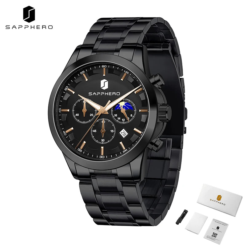 SAPPHERO Relógios de negócios masculinos pulseira de aço inoxidável exibição de data e função cronógrafo relógio masculino à prova d'água relógio de ouro rosa