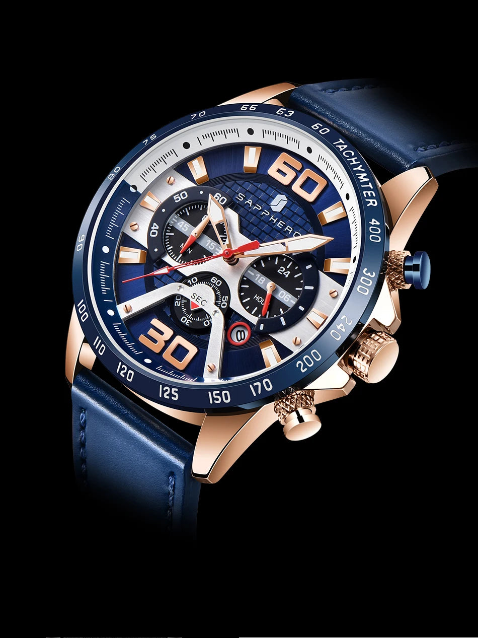 Sapphero relógio esportivo masculino, relógio de ouro rosa com pulseira de couro, data luminosa, à prova d'água, cronógrafo, relógio de quartzo, acessórios masculinos