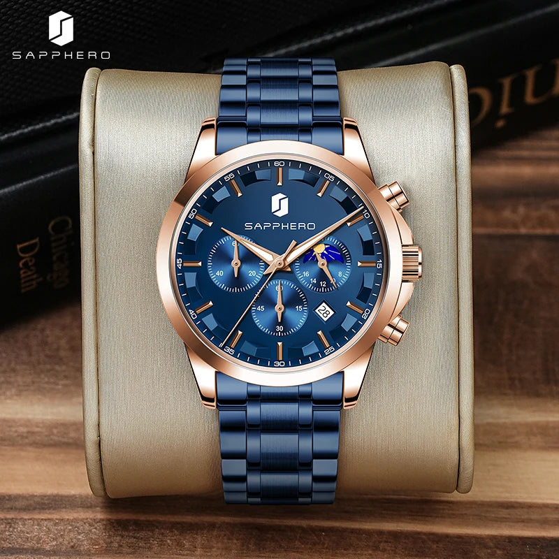 SAPPHERO Relógios de negócios masculinos pulseira de aço inoxidável exibição de data e função cronógrafo relógio masculino à prova d'água relógio de ouro rosa