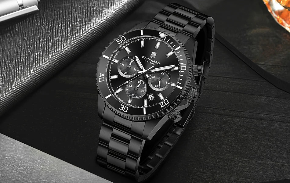SAPPHERO Relógio Masculino Ouro Aço Inoxidável Calendário Cronógrafo Para Homens Relógios de Pulso de Aço Inoxidável Mostrador
