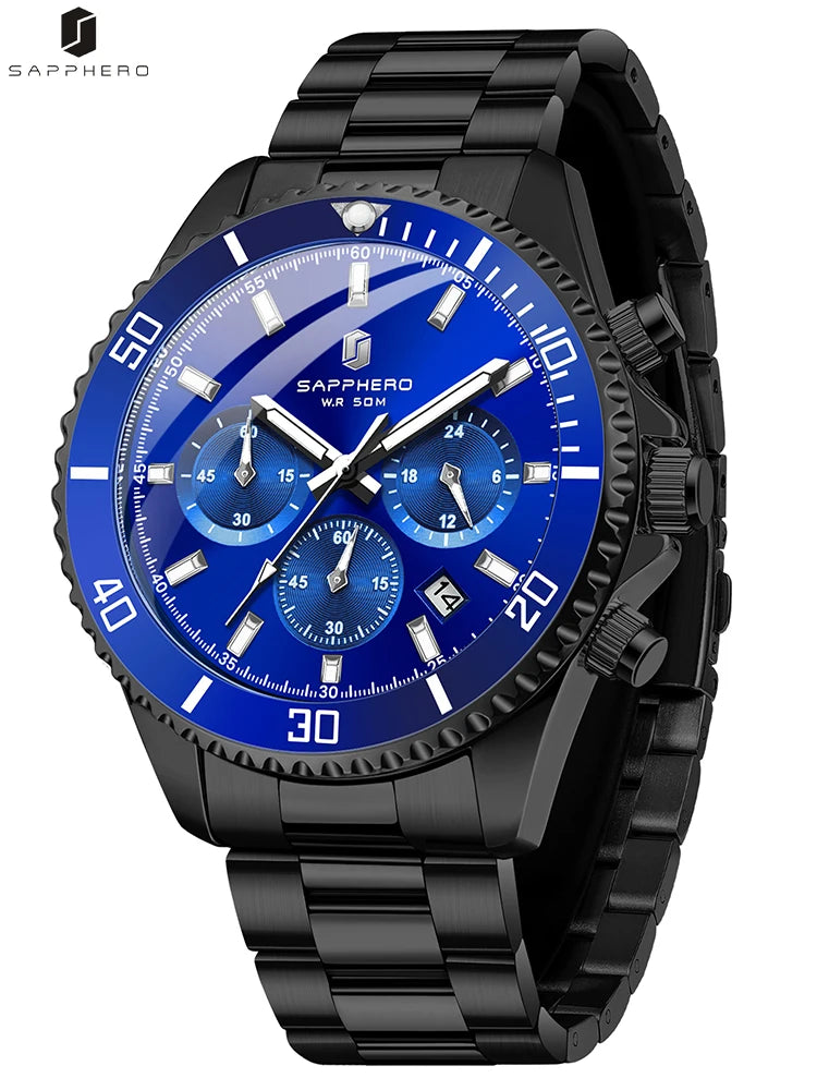 SAPPHERO Relógio Masculino Ouro Aço Inoxidável Calendário Cronógrafo Para Homens Relógios de Pulso de Aço Inoxidável Mostrador