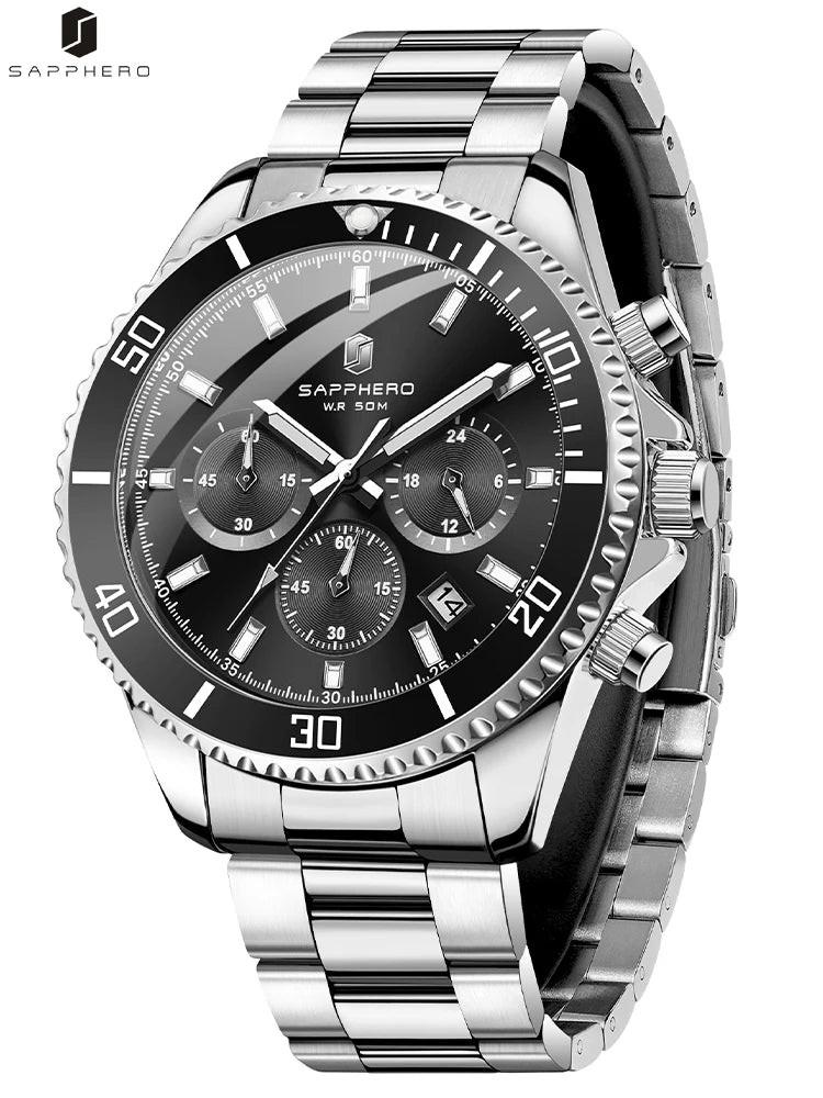 SAPPHERO Relógio Masculino Ouro Aço Inoxidável Calendário Cronógrafo Para Homens Relógios de Pulso de Aço Inoxidável Mostrador