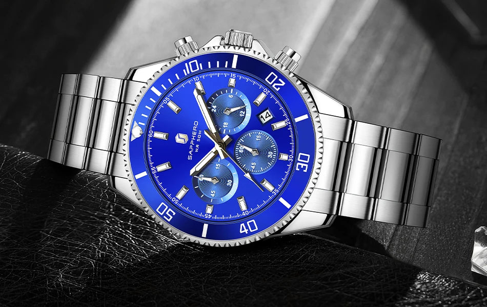 SAPPHERO Relógio Masculino Ouro Aço Inoxidável Calendário Cronógrafo Para Homens Relógios de Pulso de Aço Inoxidável Mostrador