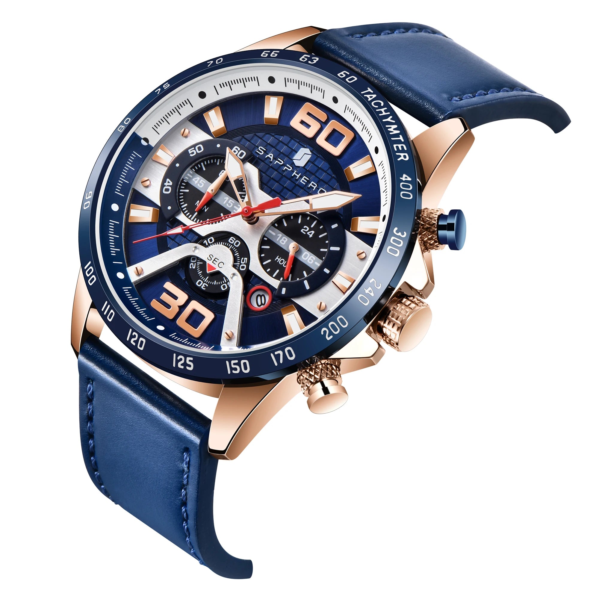 Sapphero relógio esportivo masculino, relógio de ouro rosa com pulseira de couro, data luminosa, à prova d'água, cronógrafo, relógio de quartzo, acessórios masculinos