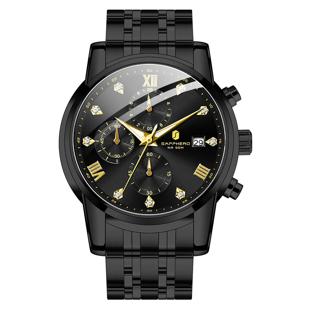 SAPPHERO Novo relógio masculino de luxo relógio com mostrador de diamante relógio masculino de aço inoxidável com cronometragem de precisão relógio de presente masculino