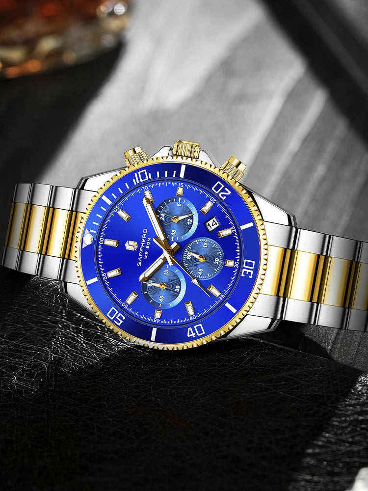 SAPPHERO Relógio Masculino Ouro Aço Inoxidável Calendário Cronógrafo Para Homens Relógios de Pulso de Aço Inoxidável Mostrador