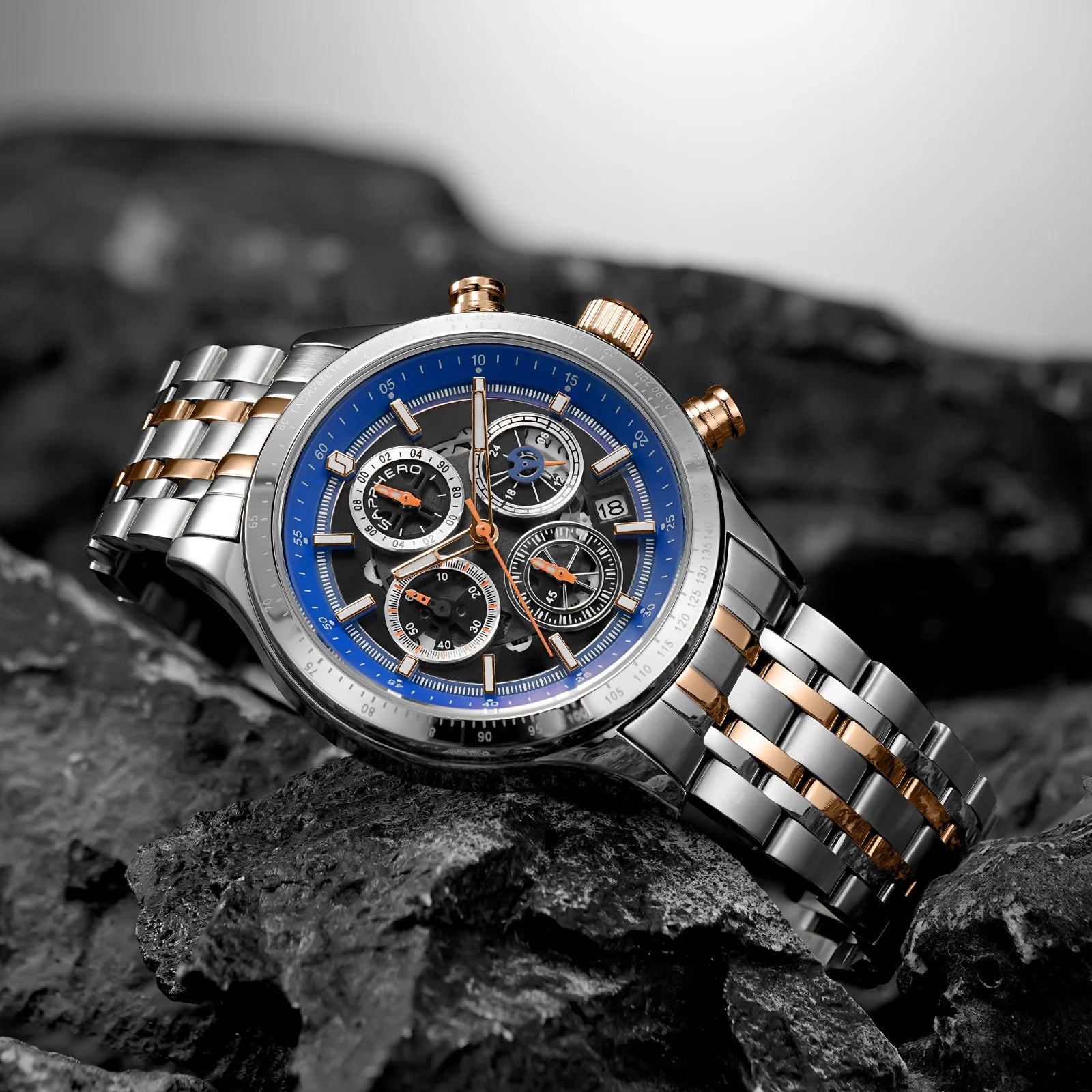 Sapphero moda masculina relógio de quartzo estilo mecânico 50m à prova dwaterproof água data cronógrafo relógio presente para homem