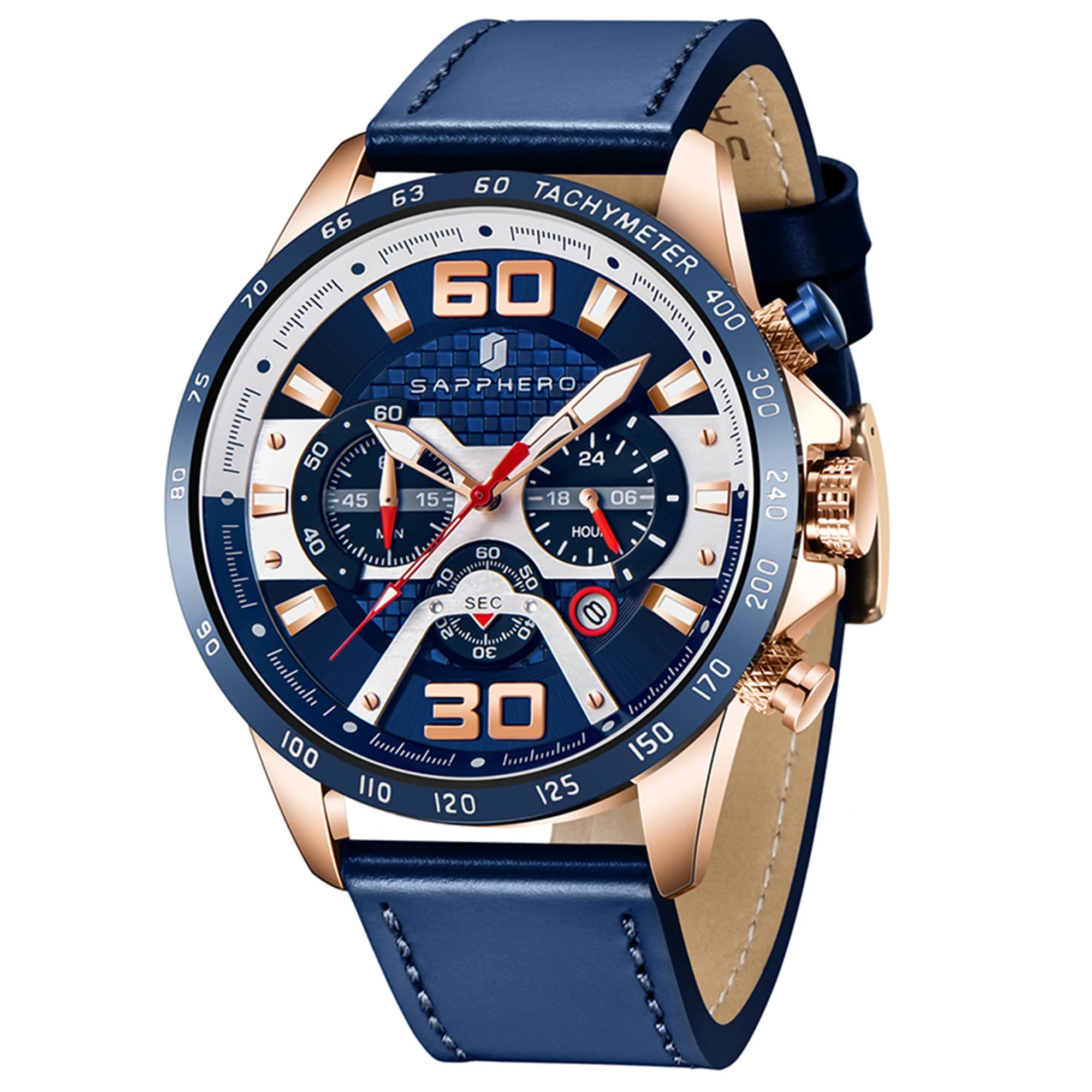 Sapphero relógio esportivo masculino, relógio de ouro rosa com pulseira de couro, data luminosa, à prova d'água, cronógrafo, relógio de quartzo, acessórios masculinos